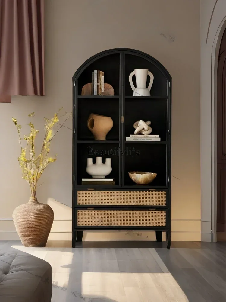 

yj9American Light Luxury Solid Wood Bookcase Simple Living Room Black Glass Door Rattan Drawer Curio Cabinet