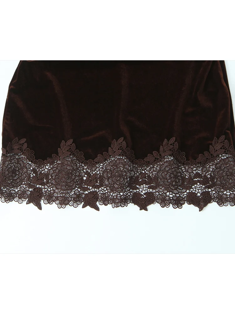 فستان نسائي مخملي قصير مزين بالدانتيل بدون أكمام من الدانتيل فستان كاجوال للحفلات المسائية أنيق بنصف ياقة عالية