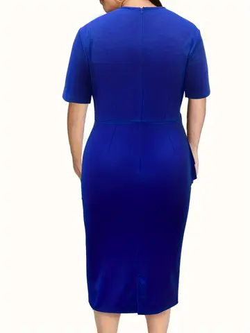 Plusstorleks volangklänning med peplum, enfärgad, rund halsringning, stretchig polyester, elegant volangkant, mode för alla årstider 10 best sales bodycon-klänning - №9