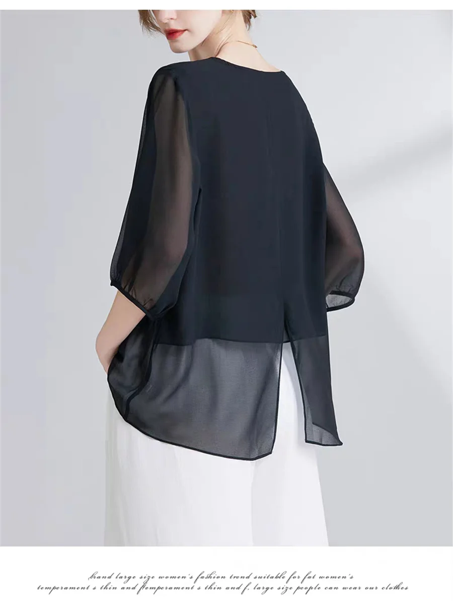 Korean Style Chiffon Plus-Size Women's Top Sexy Mid-Sleeve Black White Blouse Fashion Irregular Design