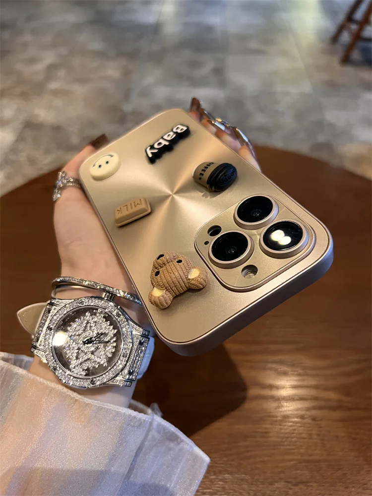 15 Pro Luxury Plating Charm toy Bear Happy Smile Face Lens Protector Cover for iPhone 13 14 16 Pro Max 15 11 12 Pro Cute Gift