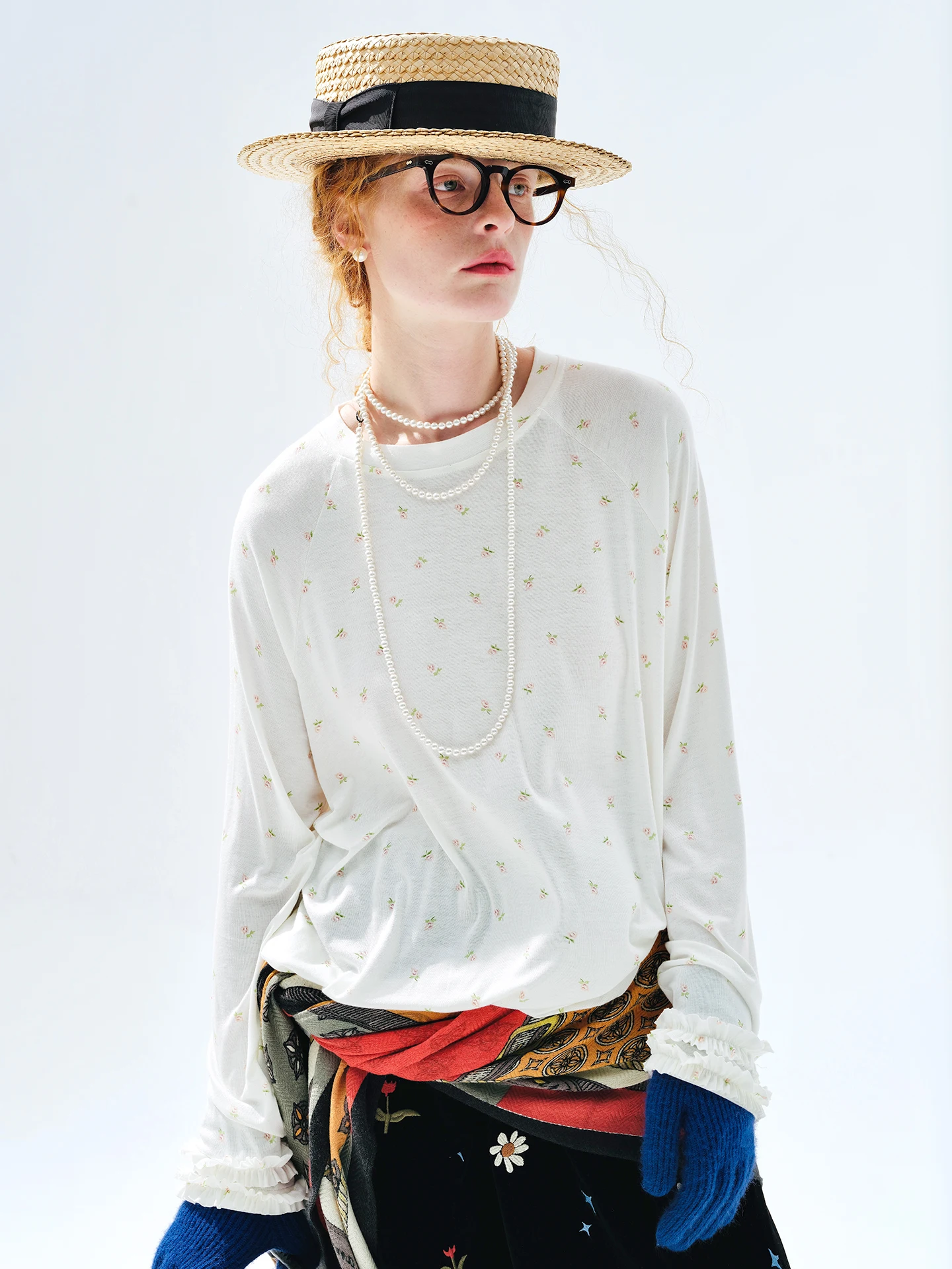 

Белая футболка с длинными рукавами - imakokoni 2025, осенний осенний топ с цветочным принтом и художественным повседневным осенним топом с рюшами и рукавами 255261