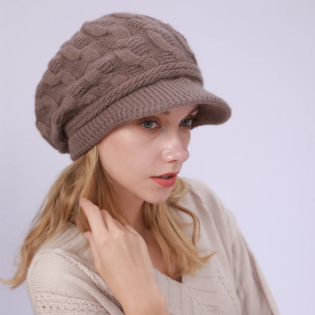 Women Cable Knit Peaked Cap New Fleece Lined Thick Warm Beret Autumn Winter Knitted Hat Bonnet Casual Outdoor Headwear