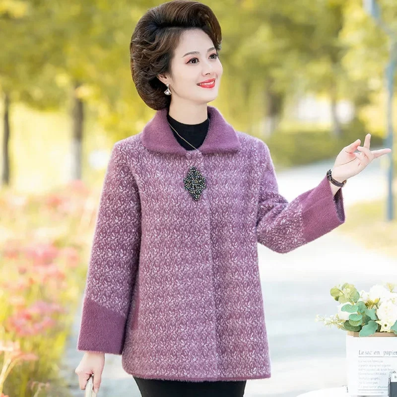 Women's Spring and Autumn Fashion Imitation Mink Fleece Coat Noble Mid Old Age Women's Autumn Casual Wool Jacket Short Fur Coat