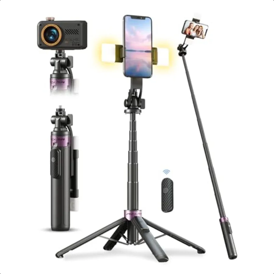 

53'' Selfie Stick Tripod with Light Enhanced 4Leg Cell Phone Stand Camera Tripod with Rechargeable Wirel Remote 2 Fill Light Po