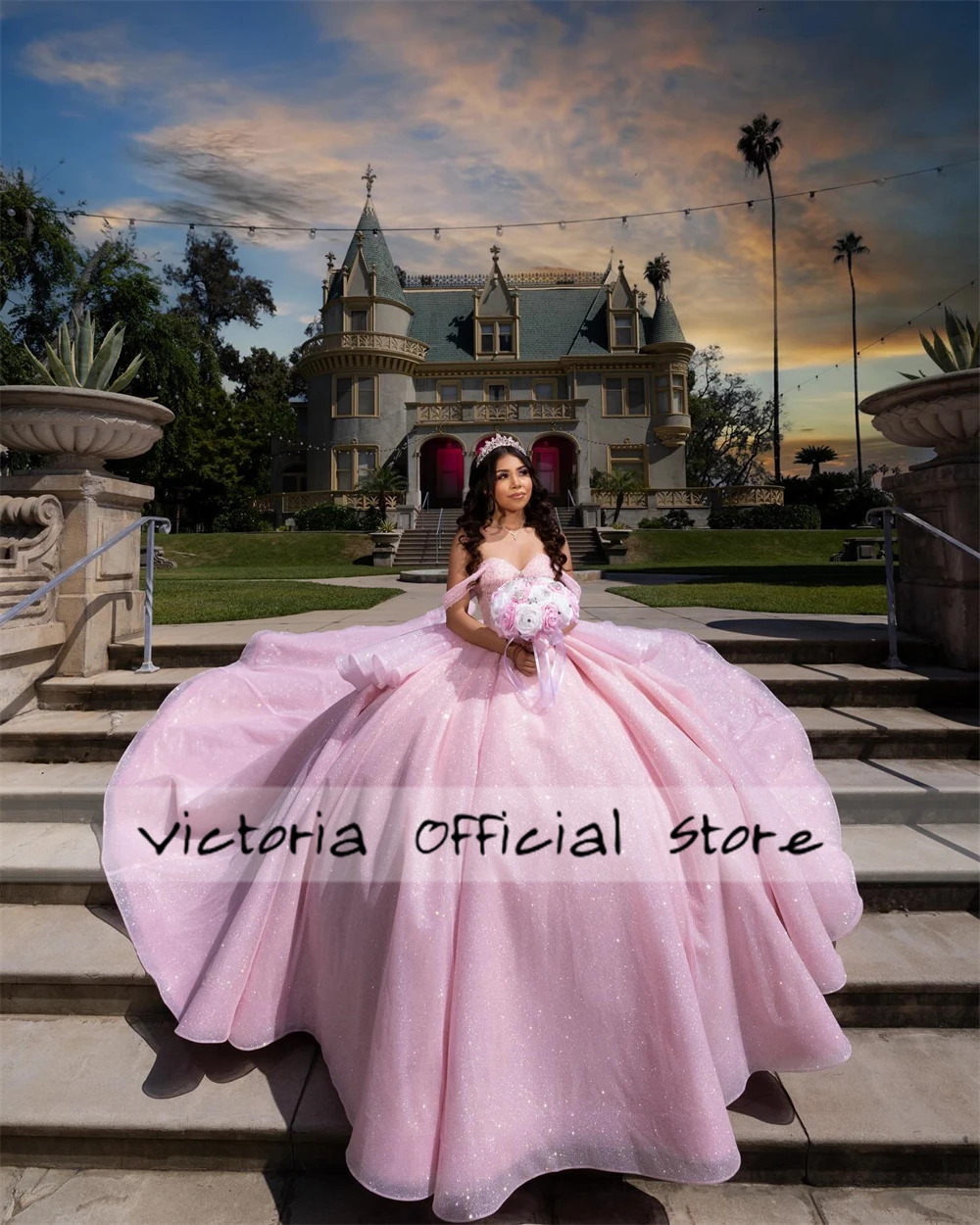 สีชมพูลูกปัดปิดไหล่ Quinceanera ชุด Puffy Ruffel Ball Gown วันเกิดลูกไม้หวาน 15 16 vestido ที่กําหนดเอง