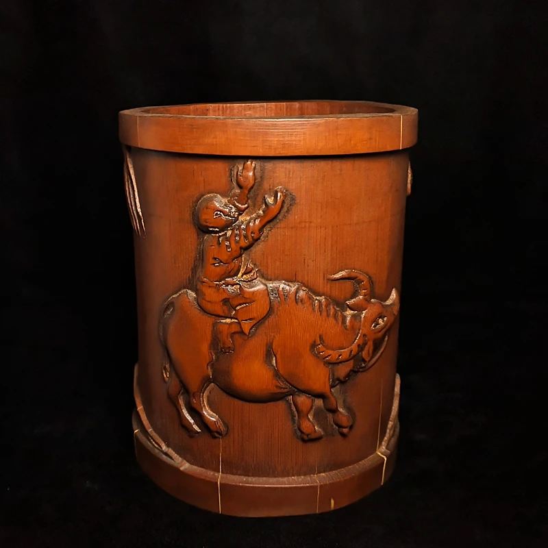 1919 Antique art Size 6.6 Inch Old Antique art Chinese Bamboo Hand Carved boy ride cow ox brush pot study desk Table ornament