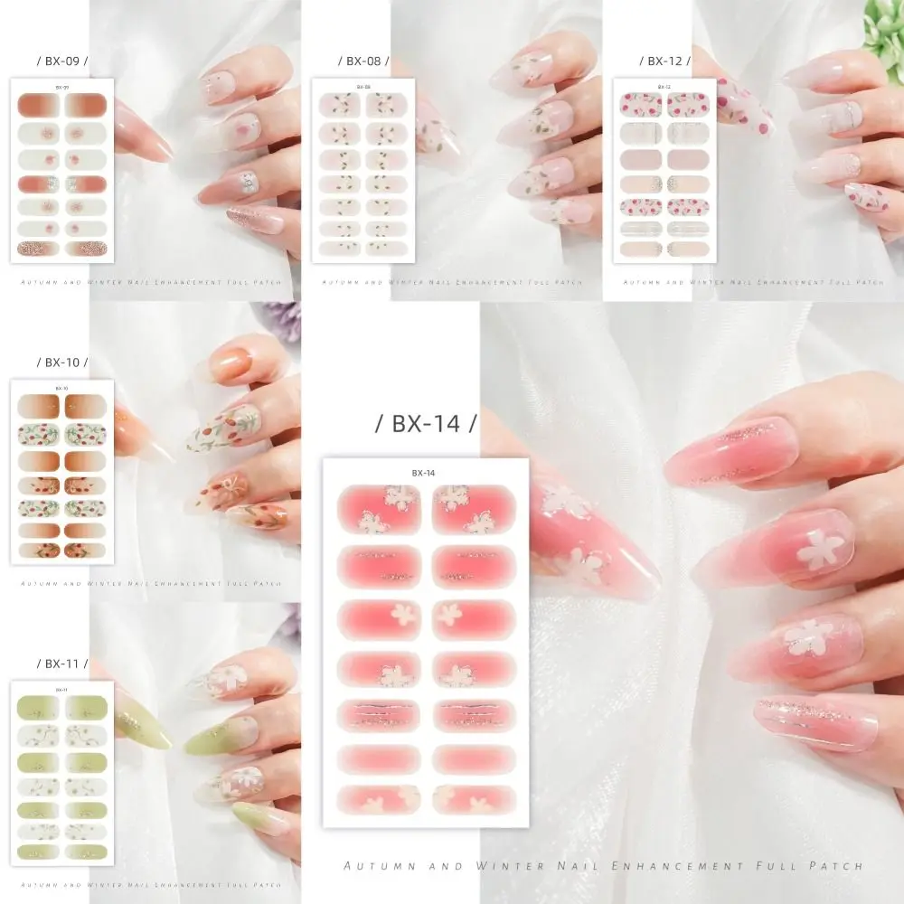 14 tiras de adesivos de unhas em gel semicurado, com motivos florais, cobertura total, para nail art francês, tiras de esmalte em gel.