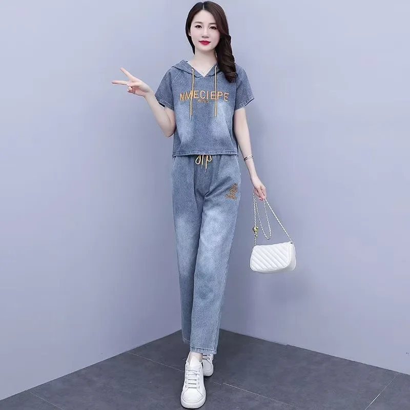 Summer Denim Wide-leg Pants Loose Coat Suit Style Embroidery Fashion Korean Version Two-Piece Set Casual Wear With Women's Wear