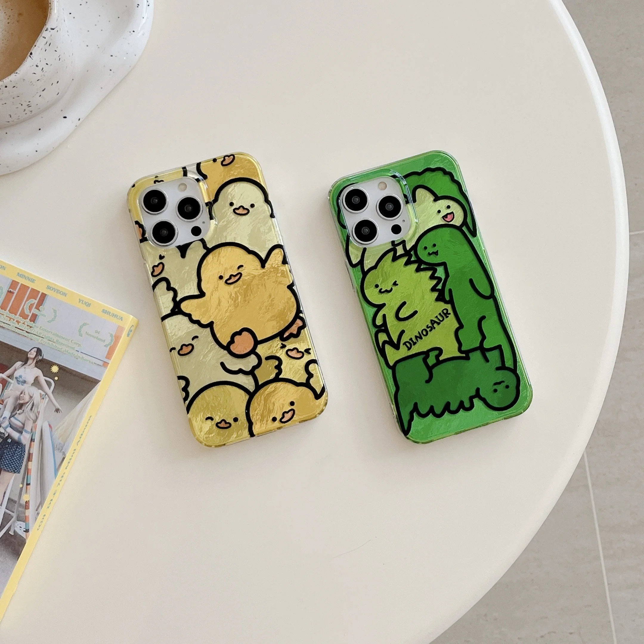 Tin foil pattern full screen little duck little dinosaur phone case for IPhone 15 15pro 15promax 14 14pro 14promax 13 13pro 12