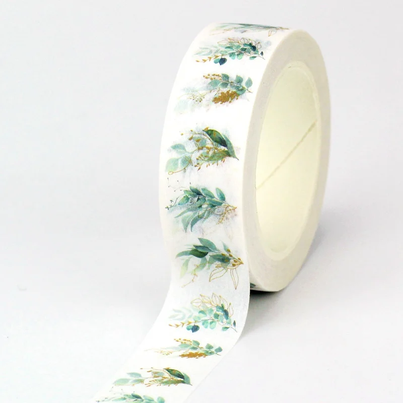 NEW 1PC. Decorative Watercolor Green and Gold Leaf Japanese Paper Washi Tape Journal Adhesive Masking Tape Cute Stationery