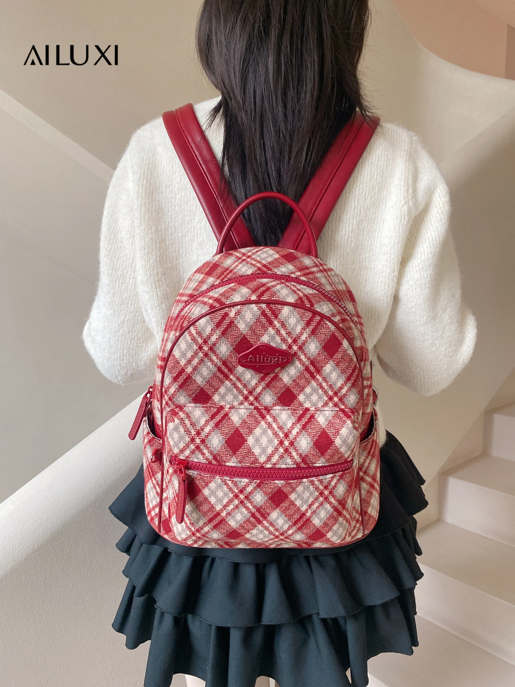 

AILUXI Wine Backpack for Women Girl Autumn Large Capacity Plush School Bag Cute Shoulder Handbag Valentine Christmas Gift