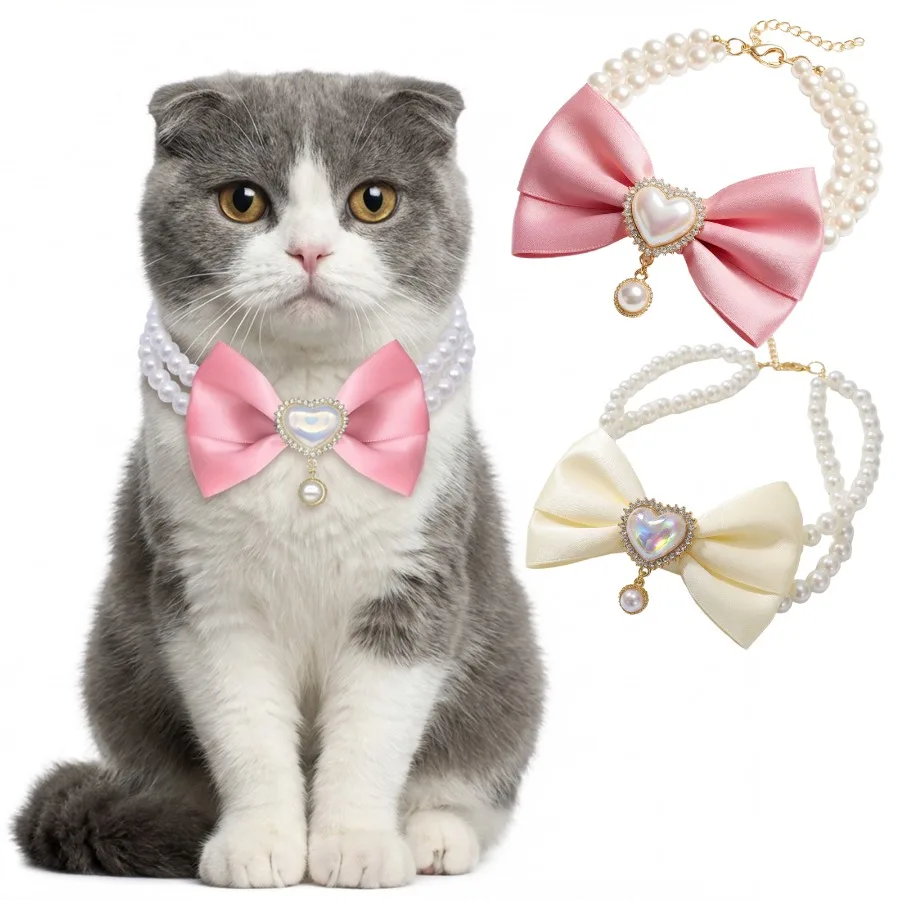 Luxury Pearl Cat Collar with Pink Bow Heart Gem Elegant Pet Necklace for Small Dogs Cats Kitten Puppy Accessories
