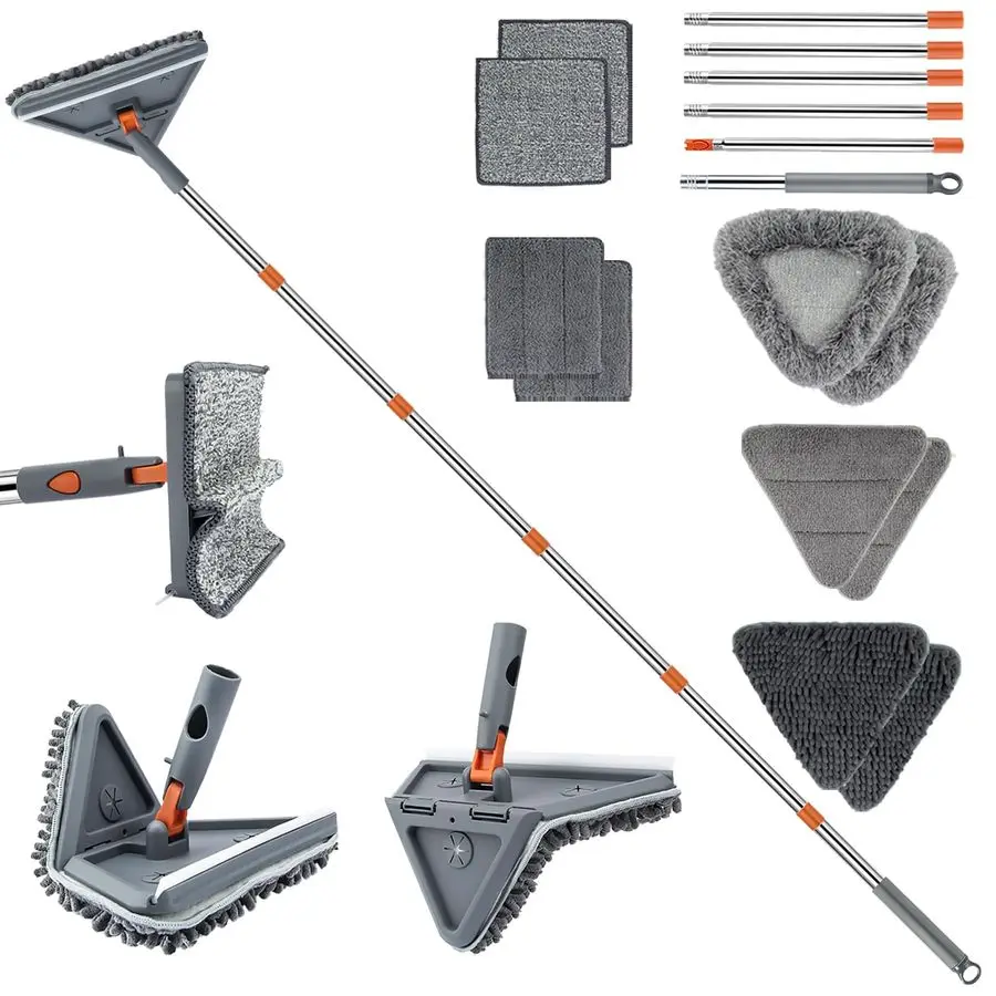 

Cleaner Mop with 94 Long Handle, 2in1 Triangle amp Rectangle Head with Squeegee, 10 Washable Pads, Baseboard Cleaner Tool for Wa