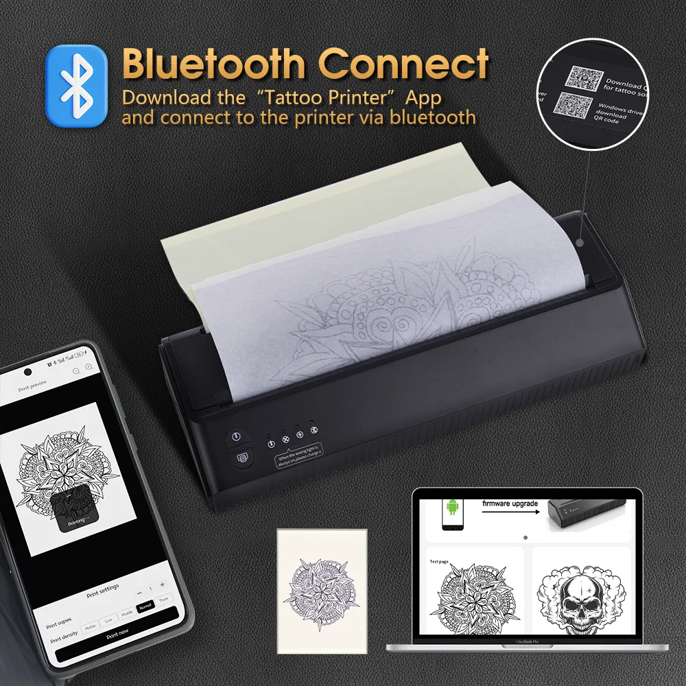 Ambição-Impressora de Tatuagem Portátil Sem Fio, Impressora Térmica, Transferência, Bluetooth, USB, Máquina Móvel, Texto, PDF, Document Maker com Pap