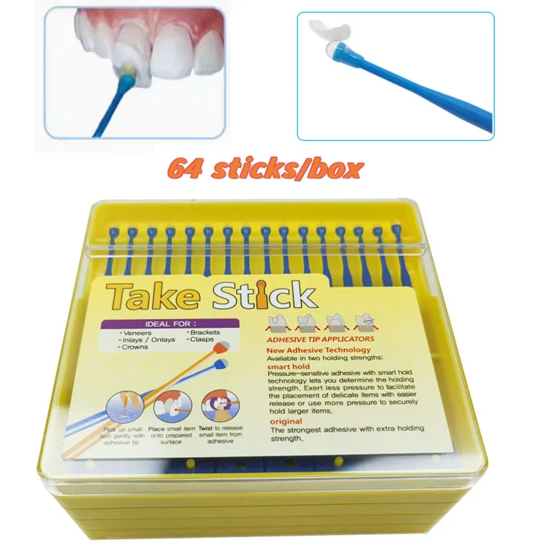 Disposable Dental Take Stick Oral Inlay/ Crowns/Veneers/Bracket  Bonding Sticks Adhesive Tip Applicator Stick 64Pcs/Box