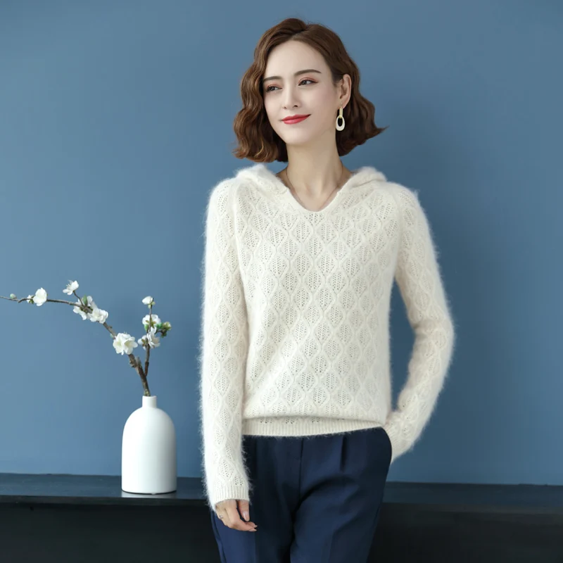 new 100% pure mink cashmere sweater women hoodie loose padded warm top bottoming sweater