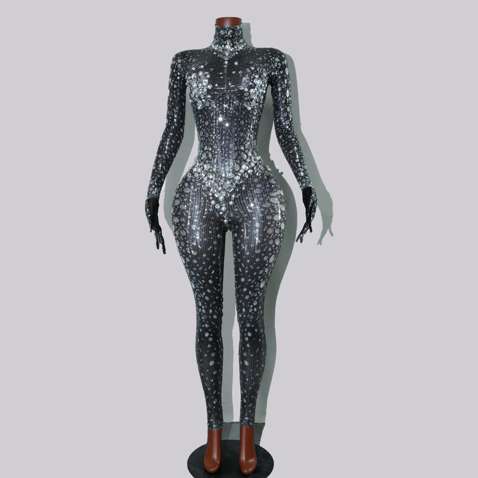 

Drag Queen Full Sequin Crystal Black Jumpsuits See-through Long Sleeve Sexy Club Party Birthday Festival Celebrate Stage Outfit