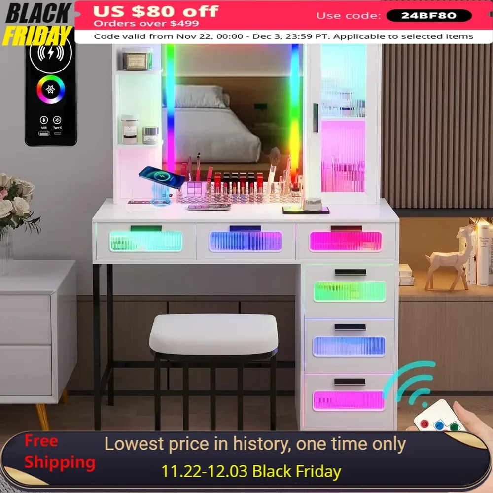 

Vanity Makeup Desk, RGB Vanity Desk with Mirror & Charging, Dressing Table Set with Stool/6 Drawers, Dressers