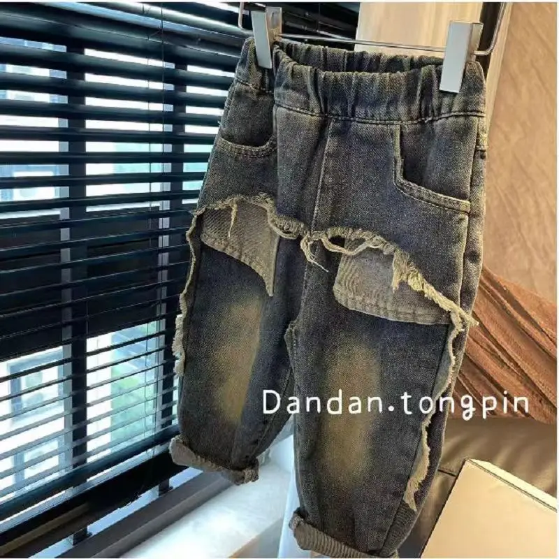 

Spring and Autumn Boys' Jeans New Loose Girls' Casual Straight Loose Pants Handsome Children's Baby Outwear Pants