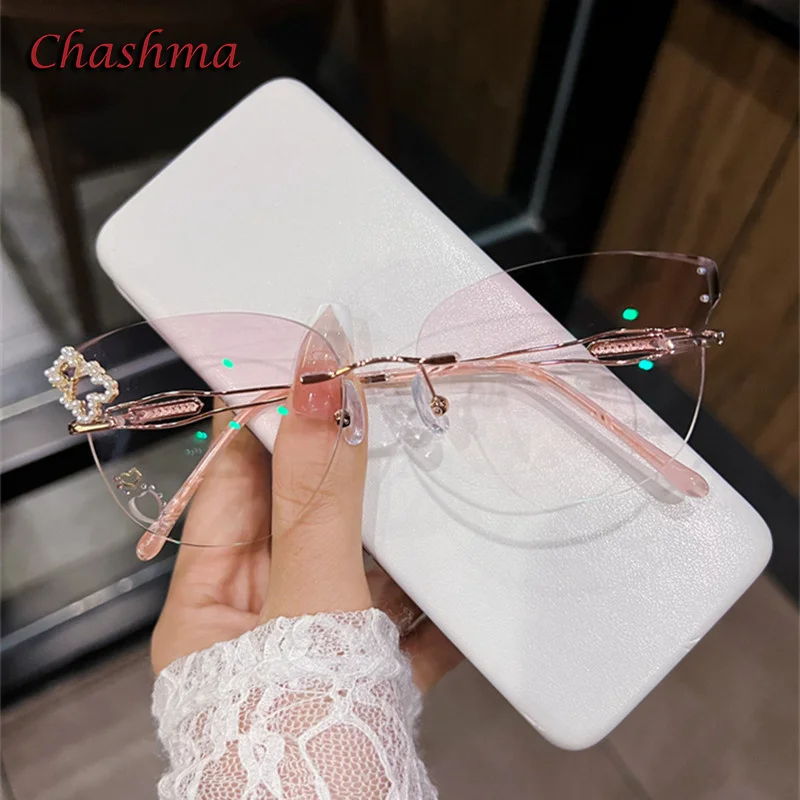 Chashma Luxury Eyeglass Color Lenses Cat Eye Titanium Frame Women Rhinestone Butterfly Optical Rimless Light Spectacles Female