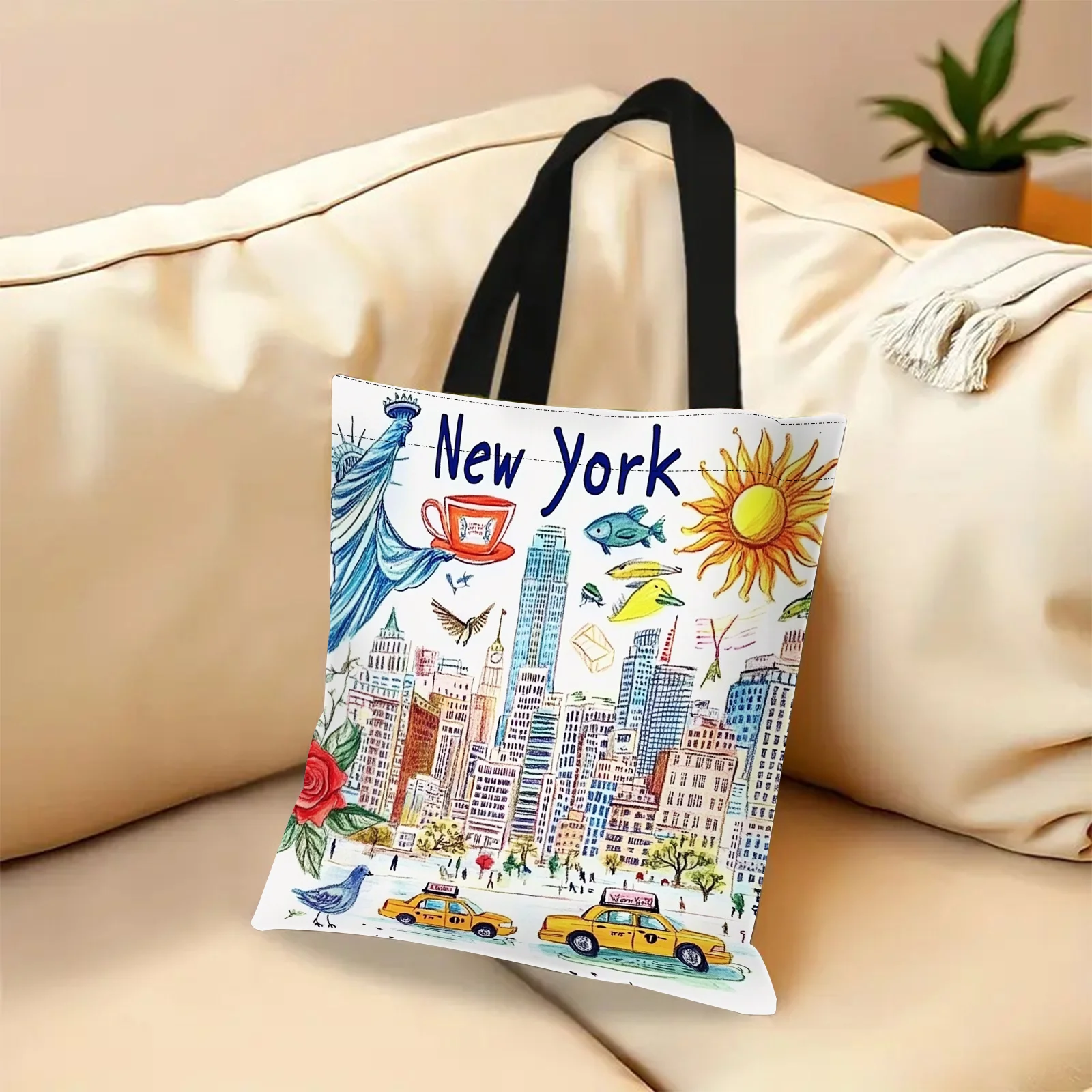 1pc Tote Bag Beautiful New York City View Colorful Cartoon Shopping Bag for Shopping Travel, Daily Use Shoulder Pouch