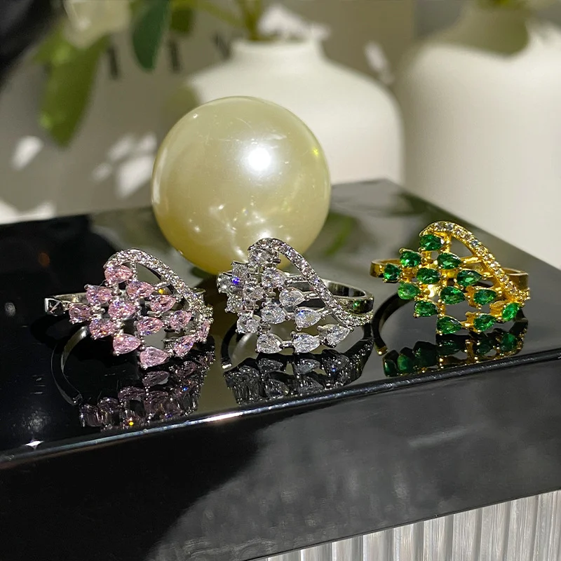 MDLFES Moissanite style Gemstone Ring Gold plated multi faceted teardrop zirconia star river sparkling diamond index ring