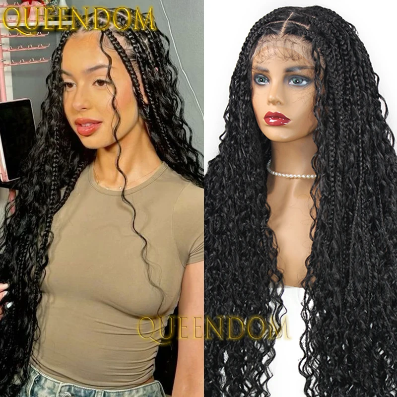 32 Inch Synthetic Bohemian Braid Wig Full Lace Box Braided Goddess Wig with Curly Hair Knotless Cornrow Braiding Wigs for Women