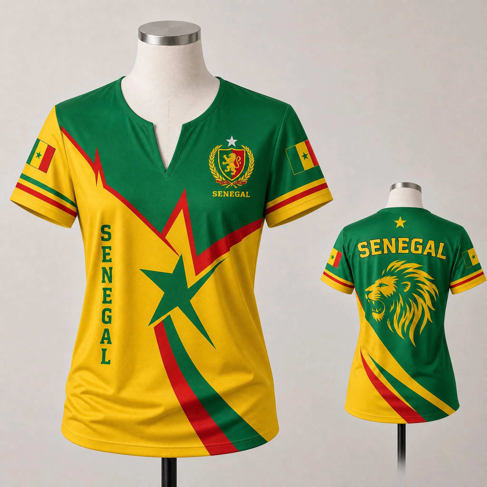 Womens Senegal Small V Neck T Shirt Green Crest Tree Sunset Print Short Sleeve Summer Casual Heritage Daily Streetwear Top Style