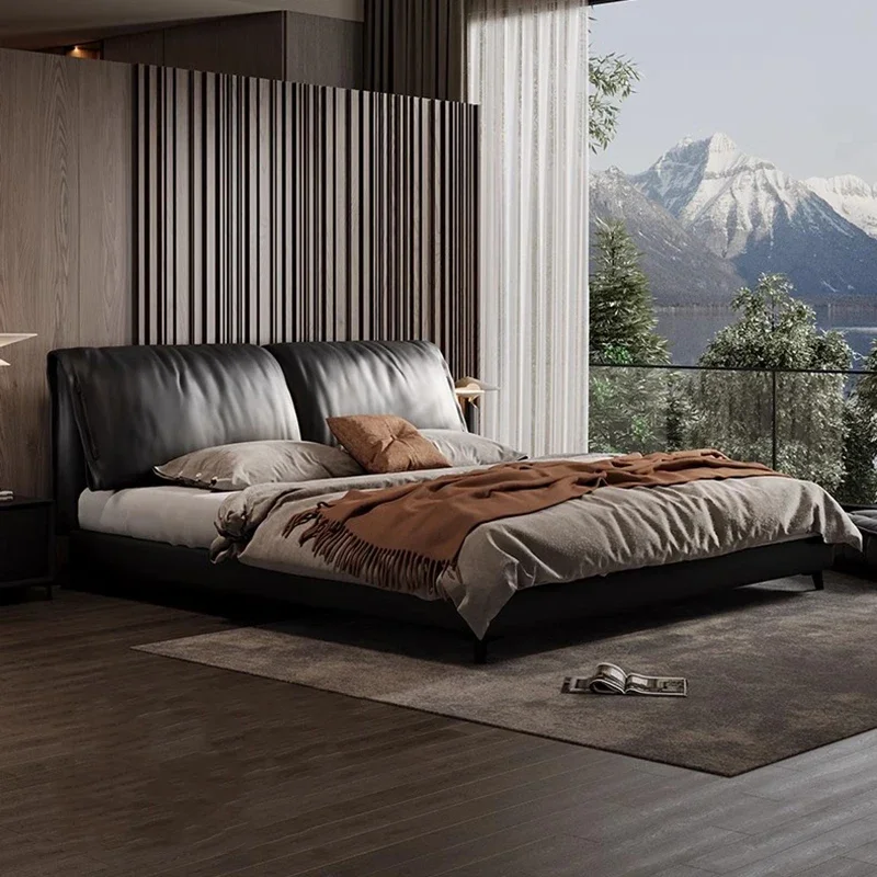 سرير مزدوج للفتيات، سرير كوين لوفت فاخر بحجم كينغ، سرير أميرات خشبي متعدد الوظائف، أثاث جناح صالة كاما من الجلد