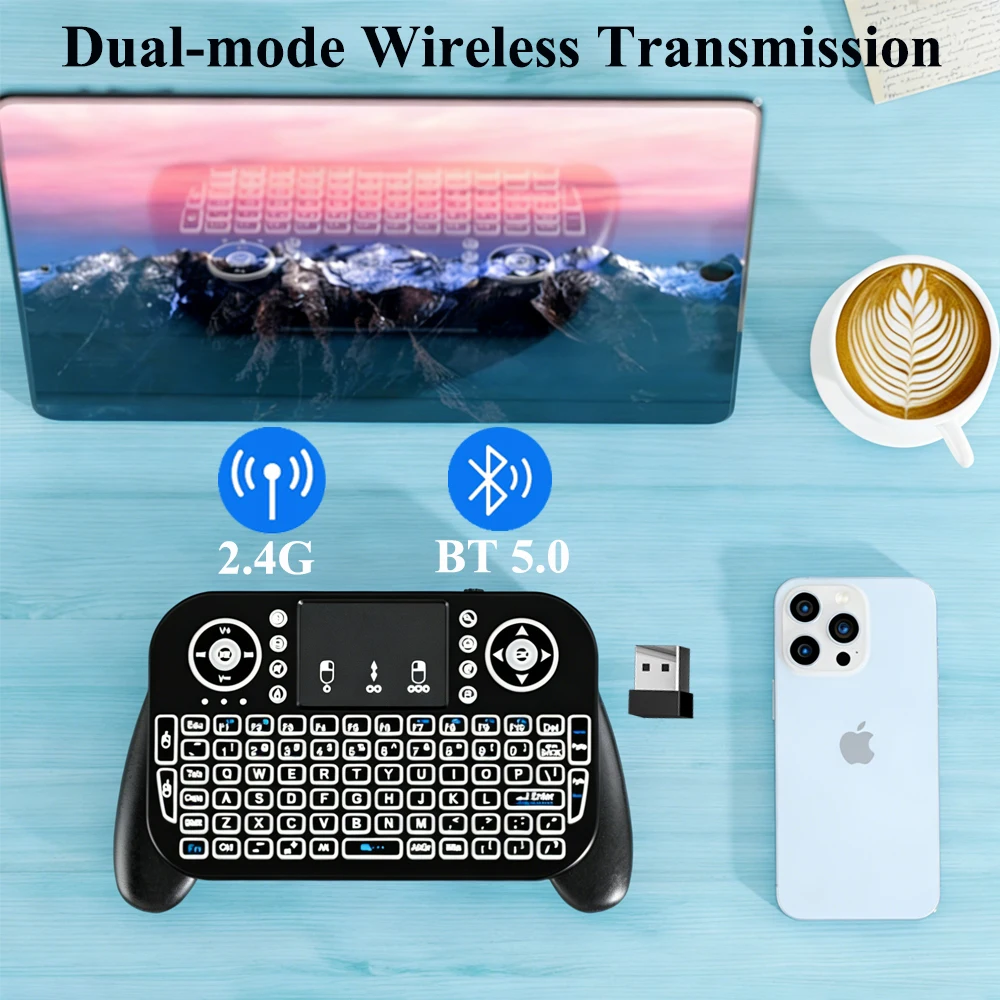  KEBIDUMEI Portable Wireless Keyboard with Touchpad Dual Mode Handle Keyboard RGB Backlit Rechargeable Keyboard for Phone TV B