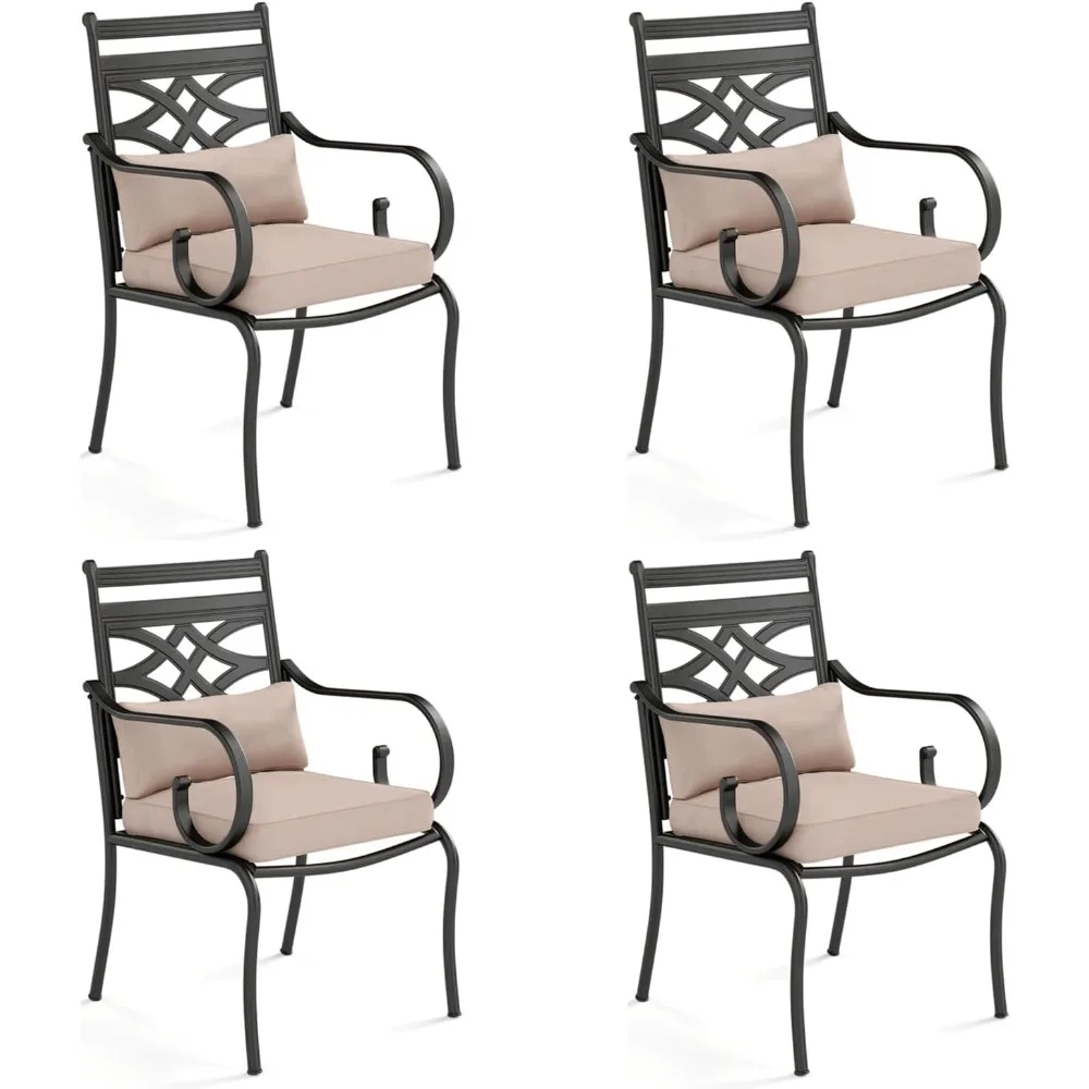 4 Piece Black Patio Dining Chairs with Beige Thick Cushions,Outdoor Furniture Metal Chairs with Armest for Garden, Poolside,