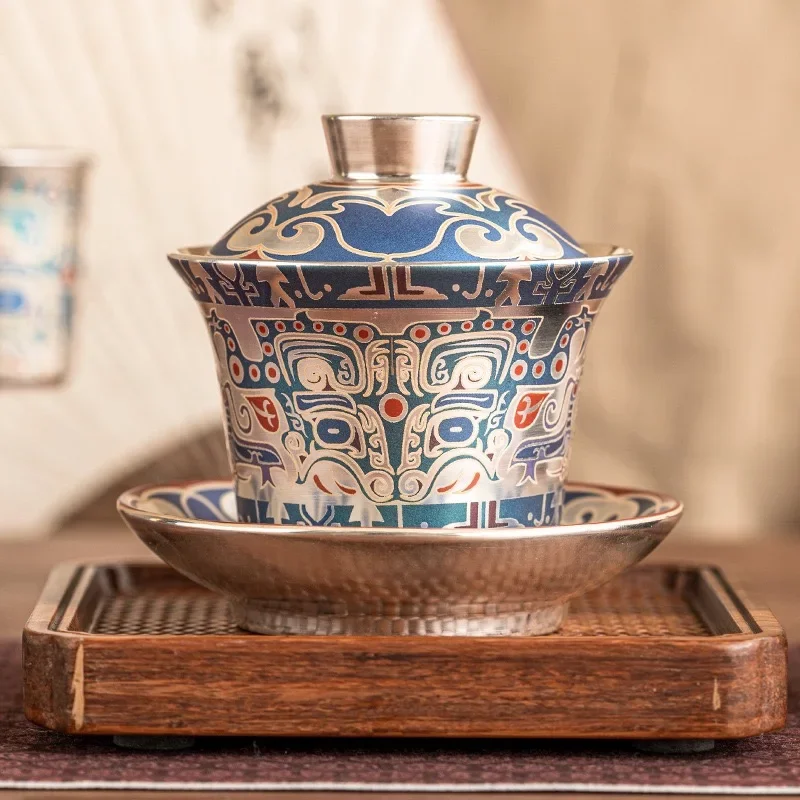 National Taotie Pattern Three Talent Cover Bowl KungFu Tea Brewer Hand-painted 999 Silver Light Luxury High-end TeaSet Tea Bowl