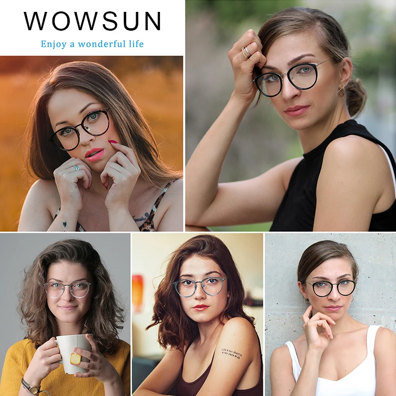 WOWSUN Round Metal Anti Blue Light Computer Glasses Women's Fashion Academy Style Flat Lenses AA184