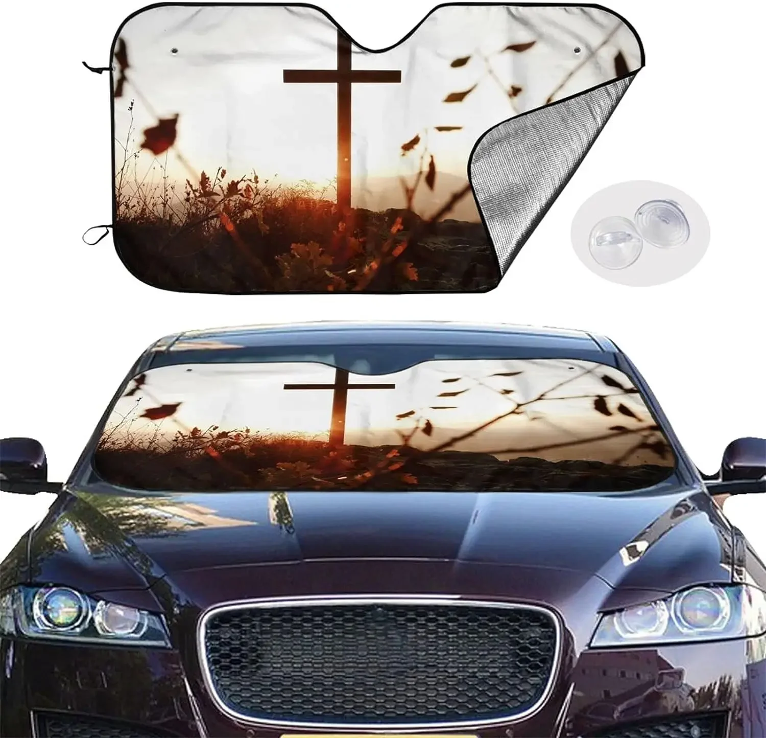 Christian Cross Pattern Sun Shade Front Window Sunshade for Most Sedans SUV Blocks Max Uv Rays and Keep Your Vehicle Cool