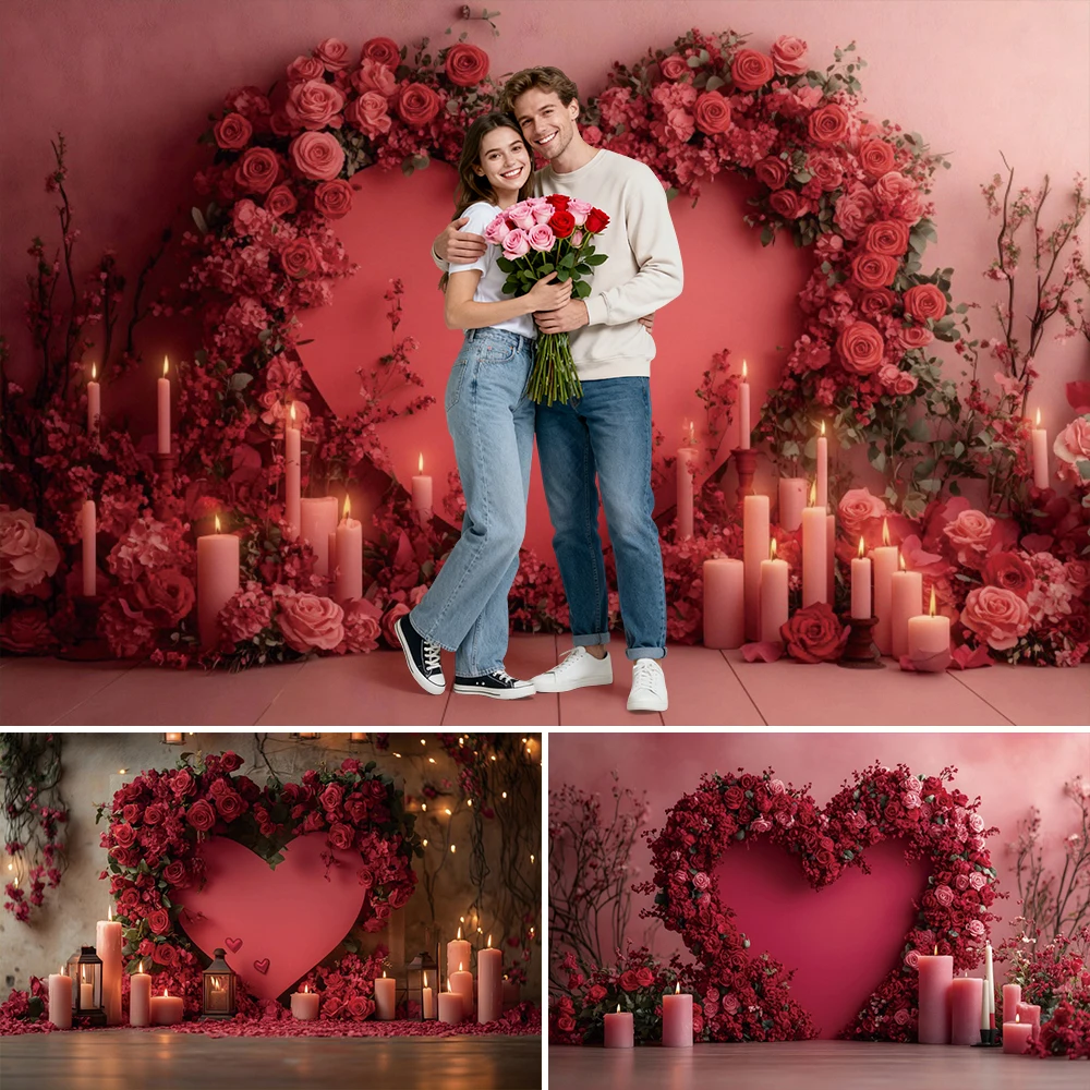 Romantic Roses Valentine's Day Photography Background Heart Shape Floral Candle Pattern for Anniversary Banner Portrait Backdrop