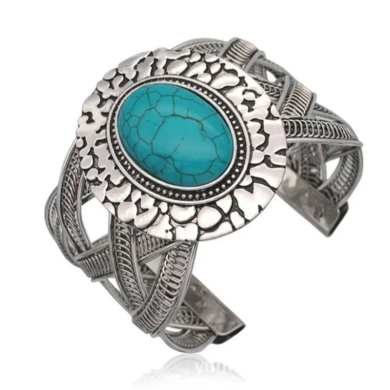 Vintage Ethnic Style Turquoise Bracelet for Women Open Wide Wrap Antique Silver Color Bangle Bracelets Boho Woman Accessories