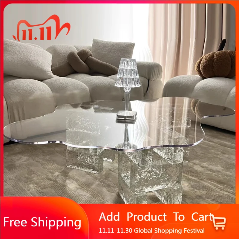 

Design Unique Coffee Table Acrylic Aesthetic Glass Transparent Writing Coffee Table Clear Service Center Meubles Home Furniture