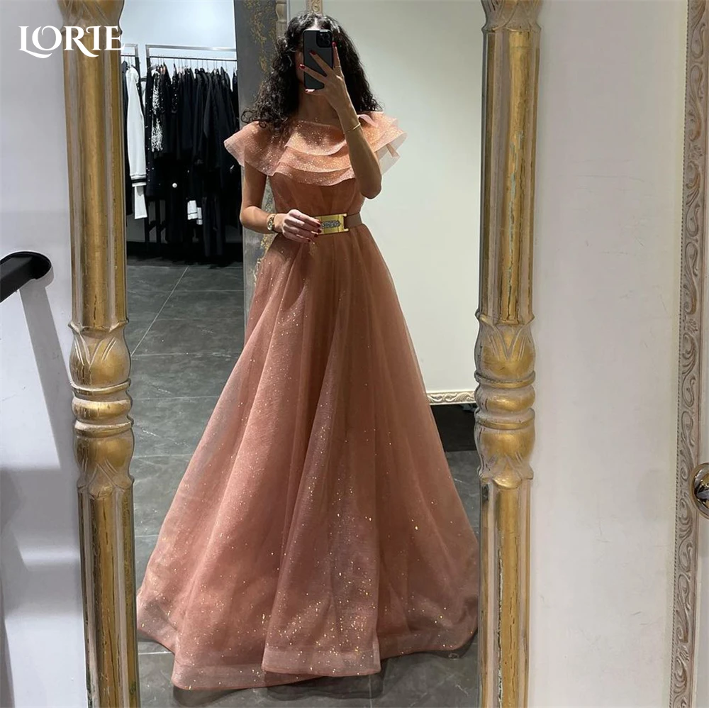 

LORIE Glitter Formal Prom Dresses O-Neck A-Line Belt Shiny Tiered Ruffles Evening Dress Sparkly Pageant Saudi Arabia Party Gowns