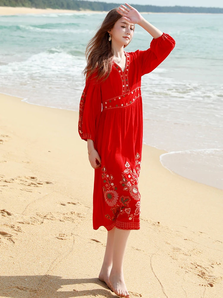 Gypsylady Floral Embroidery Boho Dress Cotton&linen V-neck Long Sleeve Vocation Beach Red Women Dresses Ladies Vestidos Robe New