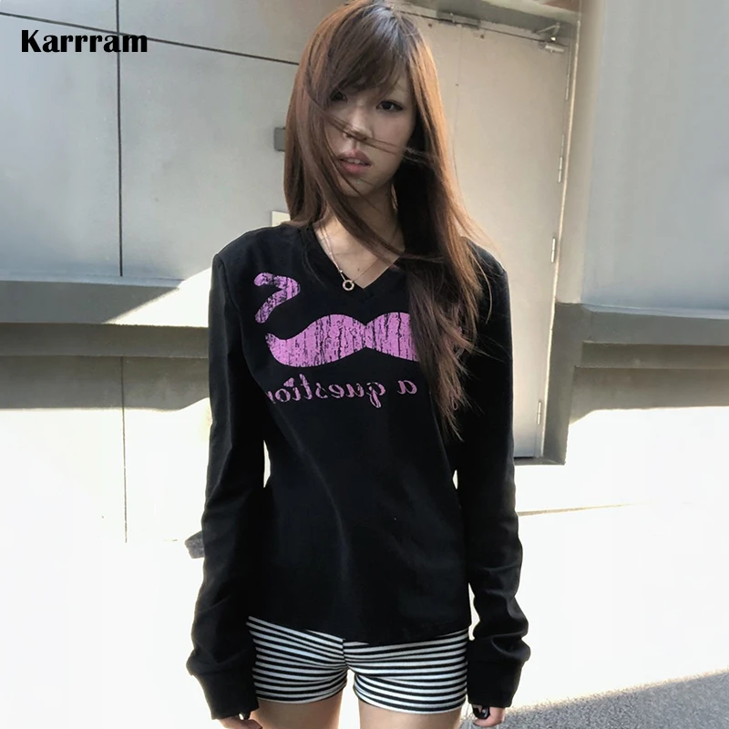 Karrram Japanese Y2k Beard Print T-shirt Trashy 2000s Style Long Sleeve Black Tops Vintage Harajuku Streetwear American Retro