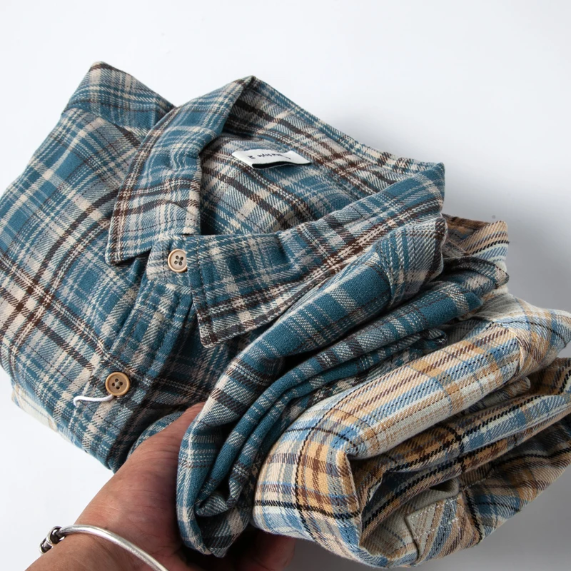 

Retro Japanese Plaid Long Sve irt Loose Men's Striped Outerwear Cotton Autumn Spring Season Couple's Casual irt