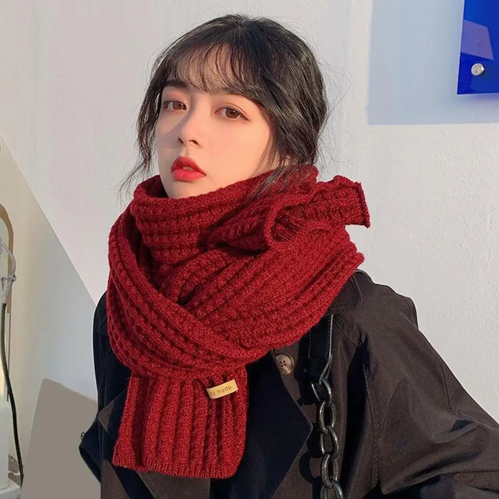 1Pc Solid Color Wool Scarf Female Korean Version Cute Girl Autumn Winter Thick Warm Knit Neck 