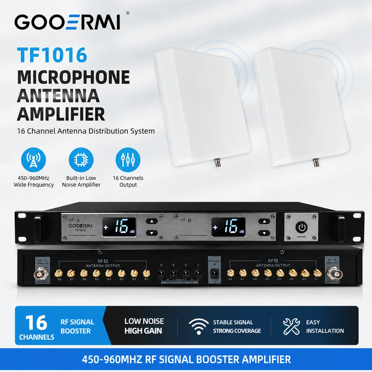 GOOERMI TF1016 Microphone Antenna Amplifier 16 Channel Antenna Distribution System 450-960MHz RF Signal Booster Amplifier