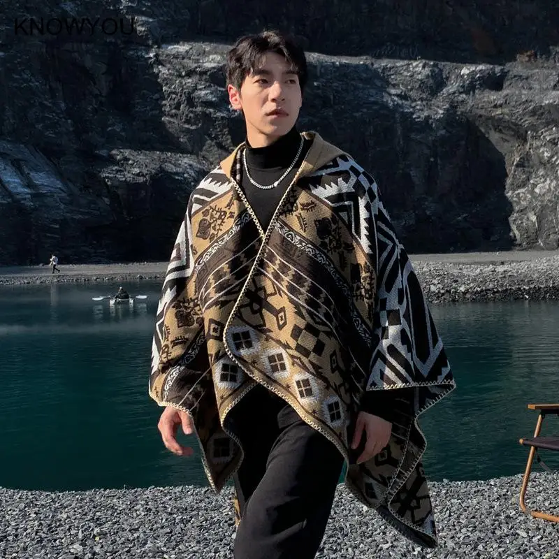 Autumn Winter New Shawls Men Ponchos Cashmere Blend Cape Reversible Jackets Thicken Hooded Echarpes Blanket Luxury Scarf