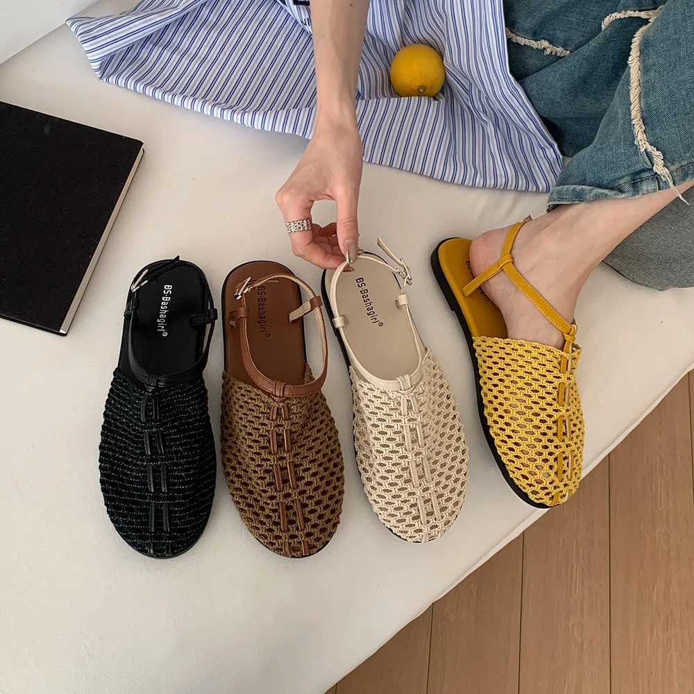 

Womens Weave Flats Shoes Fishnet Sandals Slip On Round Toe Comfy Casual Office Shoes Buckled Straps Mesh Summer Flat Sandals
