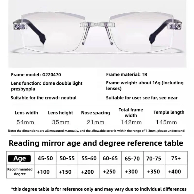Rimless Reading Glasses for Man Woman Anti Blue Light Blocking Bifocal Far and Near Eyewear Presbyopic Plano Eyeglasses 0 ~ +4.0