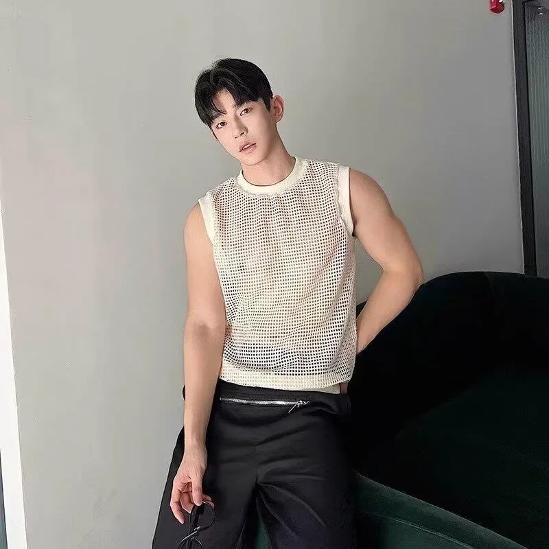 Male Summer Knit Hollow Out Shirts Tops Men Sport Trendy Fashion Tees T Shirts Camis Travel Holiday Festival Vacation Boho Vests