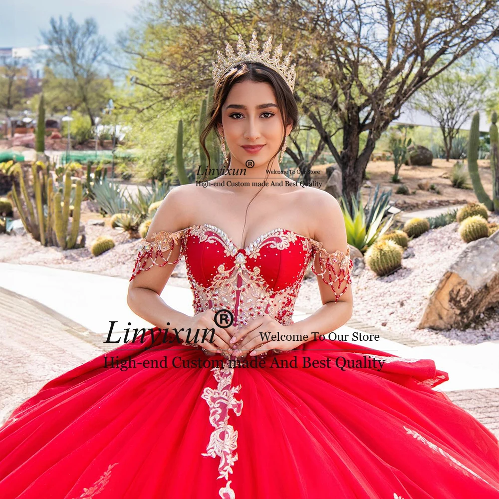 Wspaniałe suknie Quinceanera z aplikacjami 2025, suknie balowe z odkrytymi ramionami, na przyjęcie urodzinowe, szyte na miarę, bez rękawów, vestidos de 15 rosa