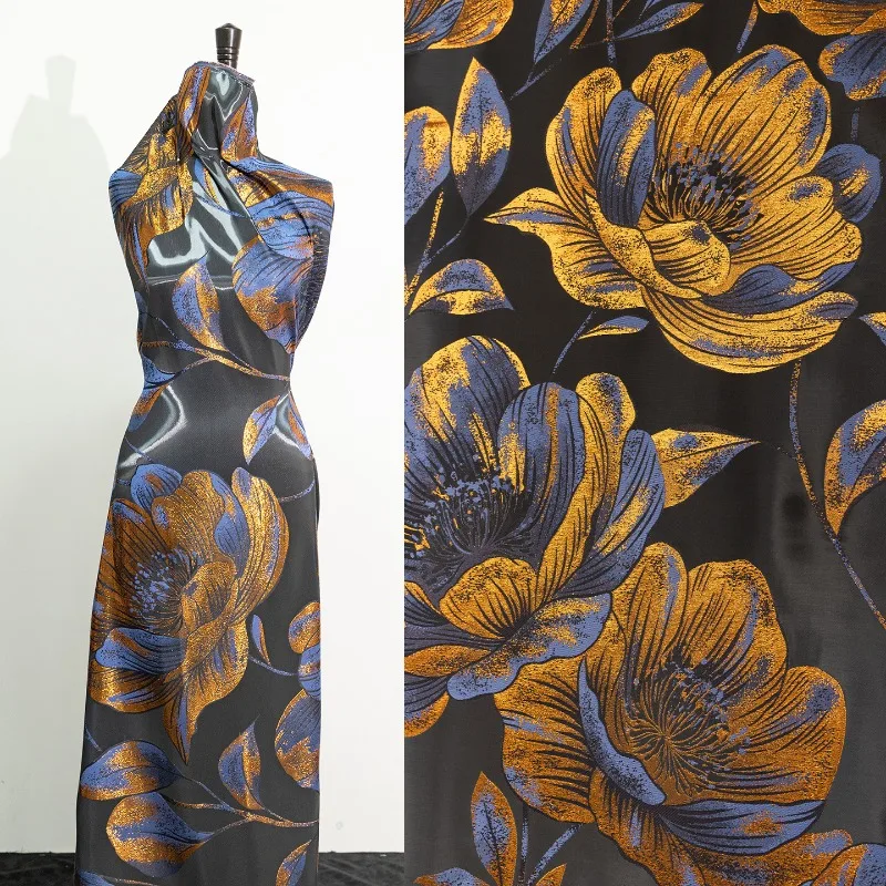 Gold Liquid Gloss Peony Large Jacquard Fabric for DIY Swwing Designer Dress Cheongsam Curtains Gown Fashion Clothing Material
